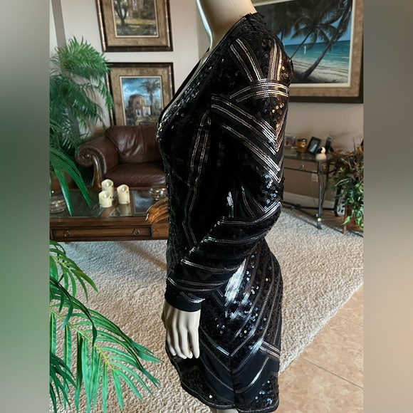 Patterned Sequin V-Neck Long Sleeve Mini Sheath Dress, Size XS - Picture 5 of 7